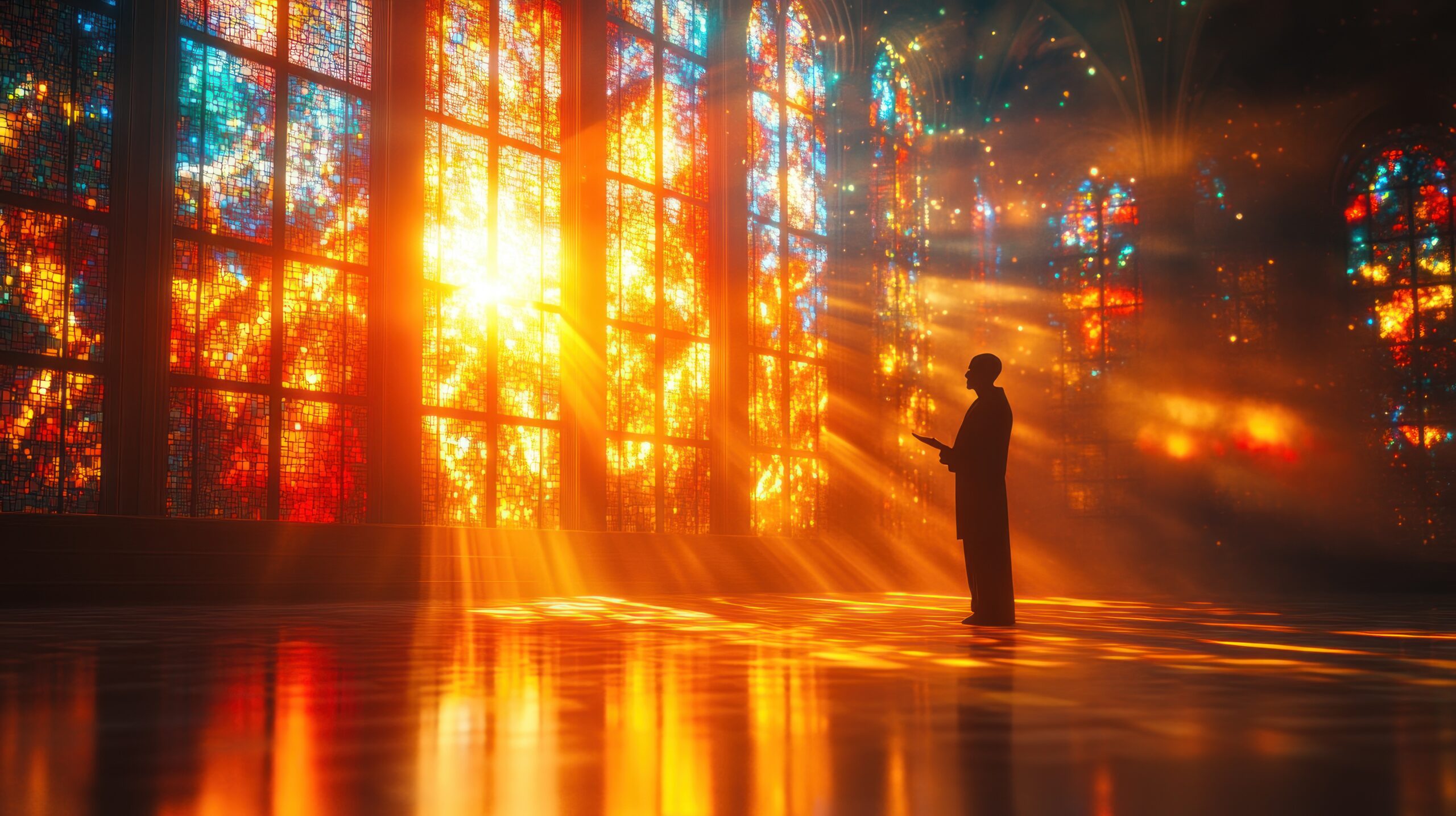 Is God Real? The Search for the Divine. Man standing in front of Stained Glass praying