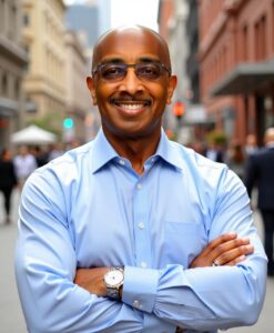 Dr. D standing in a street scene with arm folded and open collar shirt. Dr. D Ivan Young, MCC, NBC-HWC