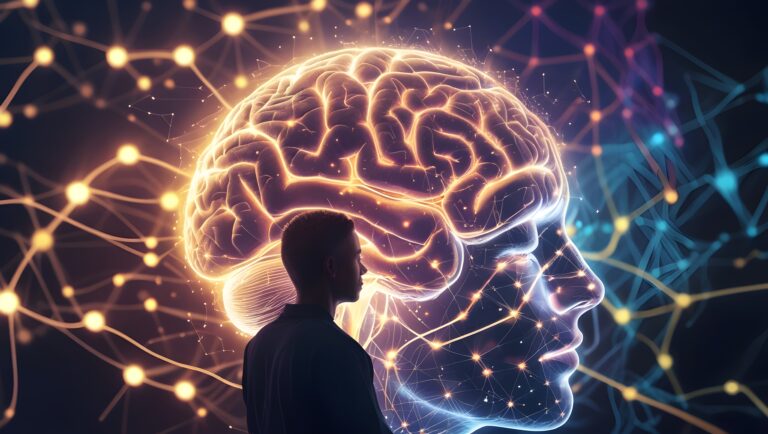 The Neuroscience of Shadow of Man in front of Illuminated skull with glowing neurons. Manifestation: How to Rewire Your Brain for Success