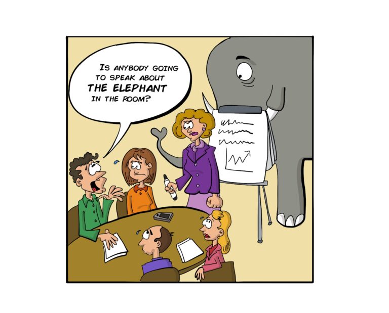 Cost of Workplace Division: How to De-escalate. Cartoon featuring people in a meeting with an elephant in the room.