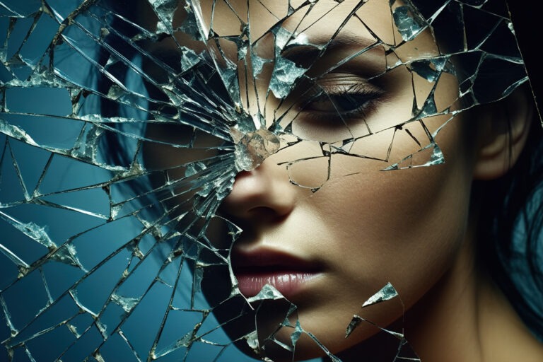 Is This Love or a Trauma Bond Loop. Woman looking into broken mirror looking calm after chaos in a relationship.