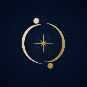 Two gold arcs aligned around a compass on a navy background, representing relationship clarity and direction