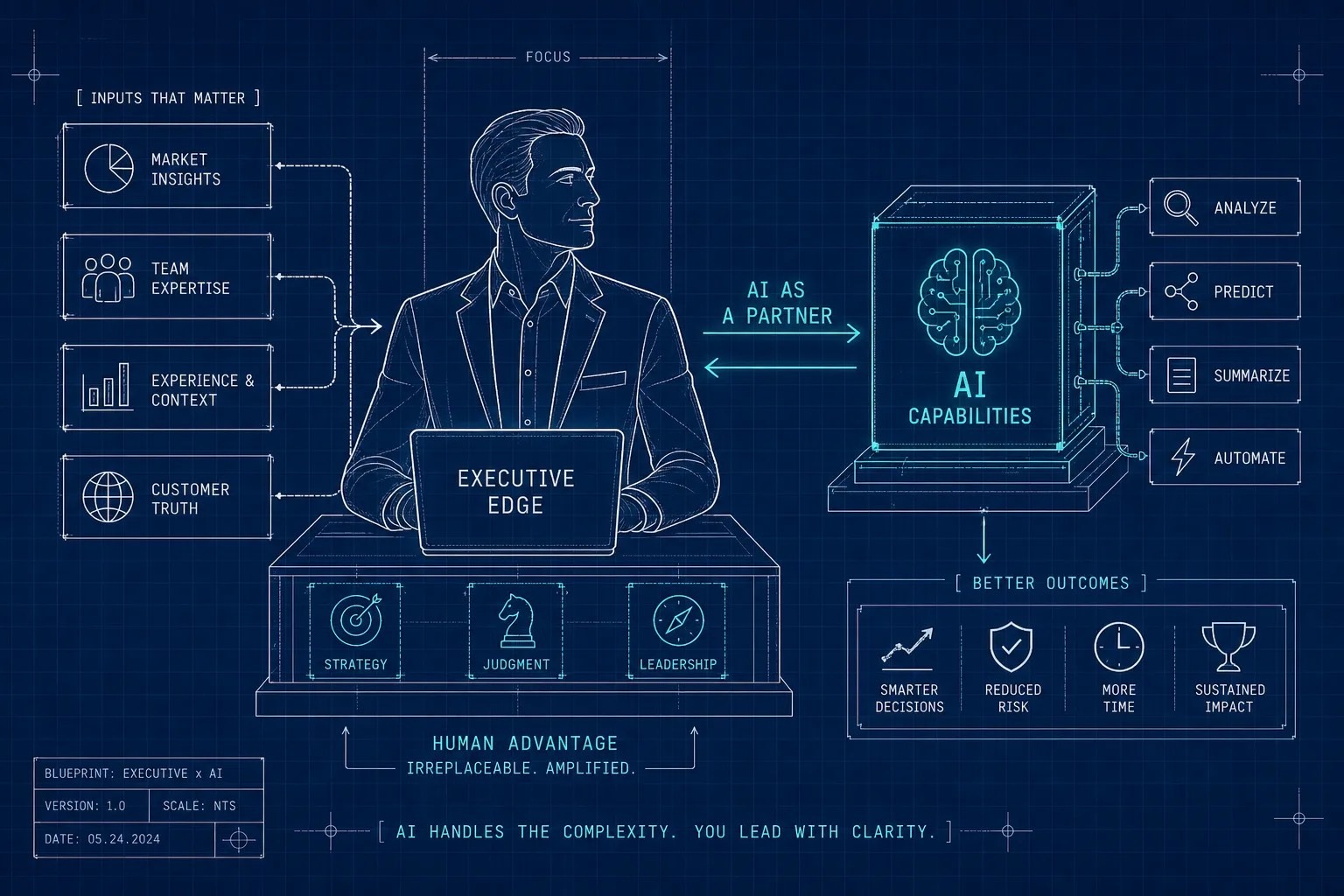 Executive using AI as a partner while preserving human judgment